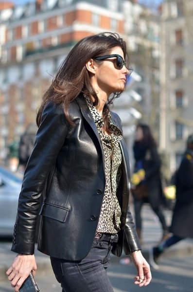 Leather blazer with a leopard print blouse