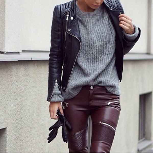 Leather jacket and pants gray knitted sweater
