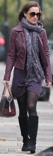 Leather jacket purple shift dress scarf