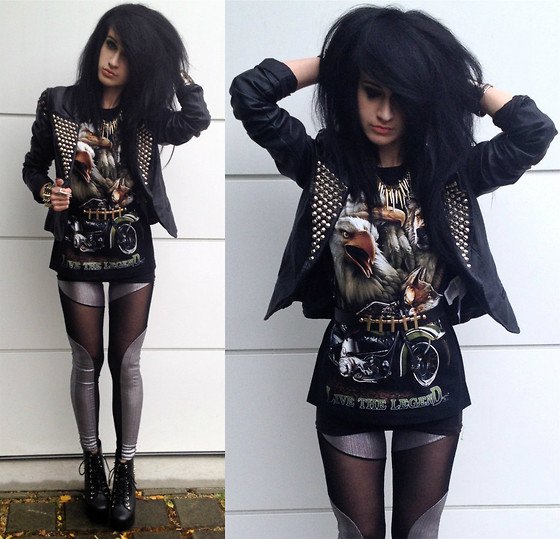 Leather jacket with a graphic tunic T-shirt and silver leggings