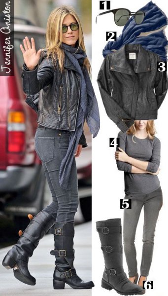 Leather jacket with a gray chiffon scarf and black knee-high motorcycle boots Jennifer Aniston