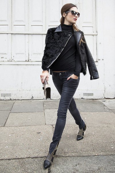 Leather moto jacket with mocked sweater and zippered boots