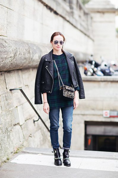 Leather motorcycle jacket with a dark blue and green checked tunic top