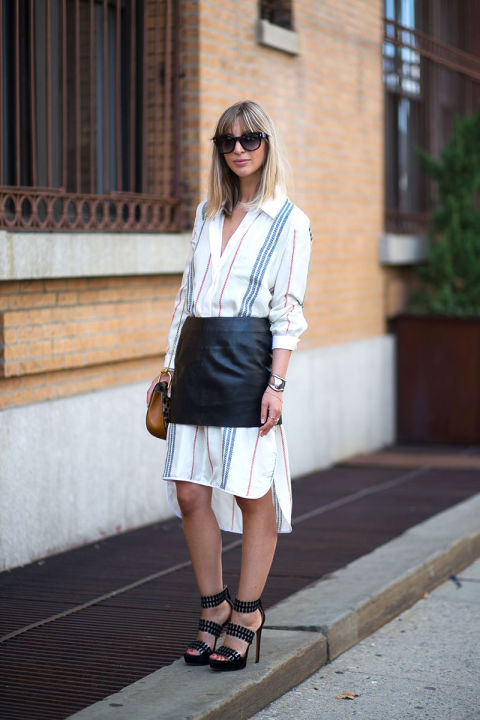 Leather skirt over a long shirt dress