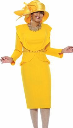Lemon yellow church suit with midi skirt and gold hat