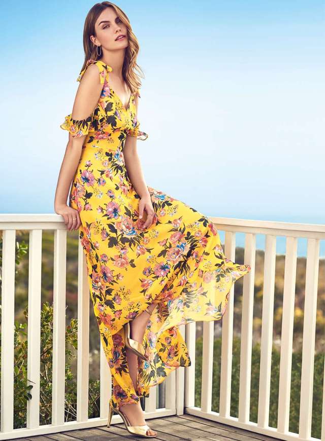 Lemon yellow flower dress with cold shoulder