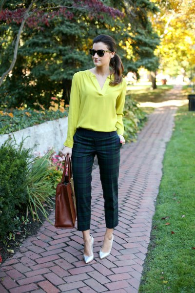 Lemon yellow cotton long-sleeved blouse with green and dark blue checked trousers