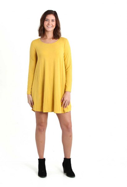 Lemon-yellow long-sleeved swing dress with boots