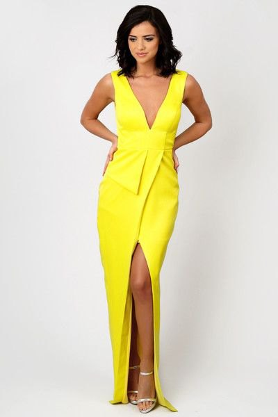 Lemon yellow, low cut, high split maxi wrap dress