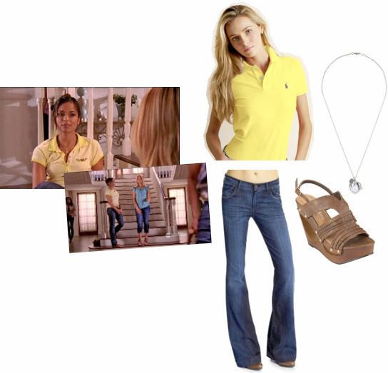 Lemon yellow polo shirt with blue flared jeans