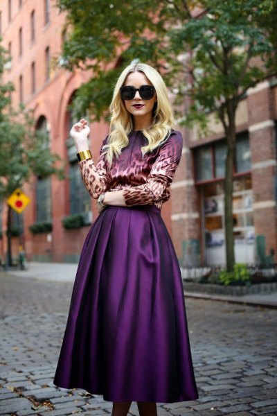 Leopard print shirt with purple silk midi skirt