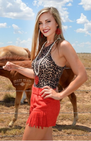 Western shorts with leopard print and red fringes