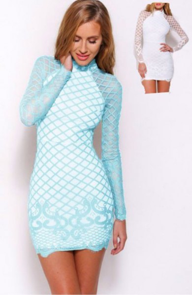 Light blue and white criss-cross printed, long-sleeved, figure-hugging mini dress