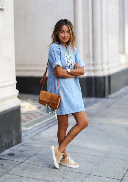 light blue and white mini shift denim dress with brown suede pocket