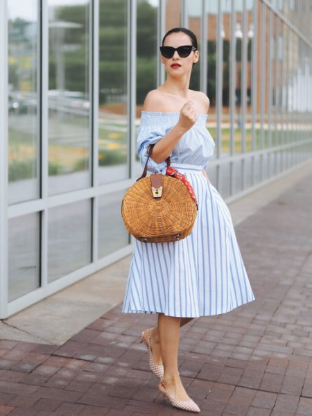 Light blue and white striped fit and flared midi dress