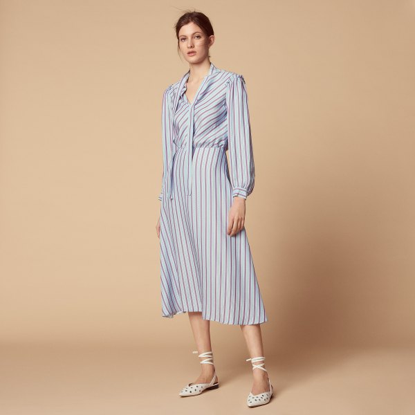 light blue and white striped long-sleeved midi dress
