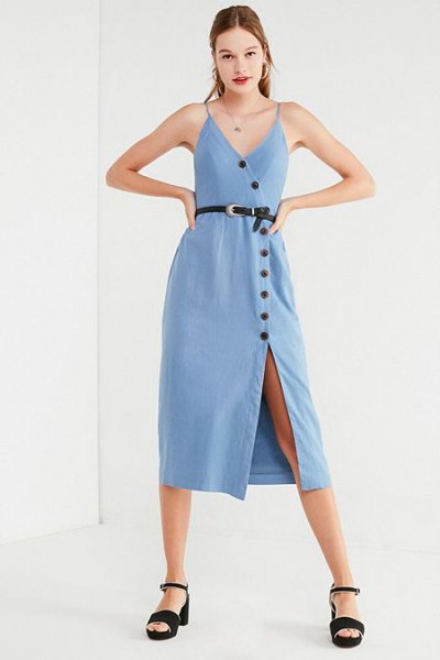 Light blue midi dress with button fastening and black, open toe heels