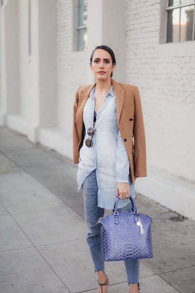 Light blue chambray shirt dress with buttons and jeans and a handbag made of faux jeans