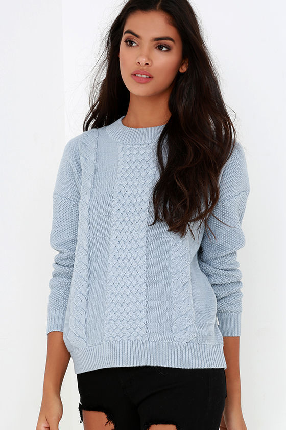 light blue knitted sweater outfit
