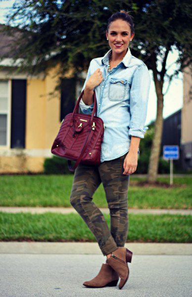 light blue chambray boyfriend shirt with buttons and ankle jeans and suede boots