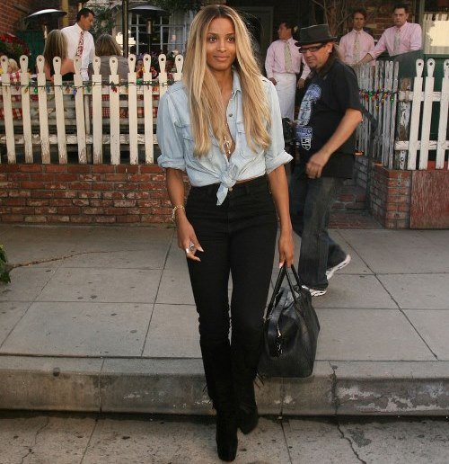 light blue chambray shirt with black jeans with a high waist