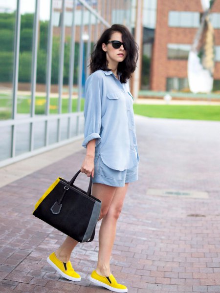 Light blue cotton buttoned shirt with matching flowing shorts and yellow shoes