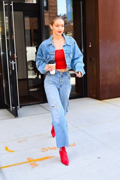 Light blue, cropped jeans motorcycle jacket with a red crop top