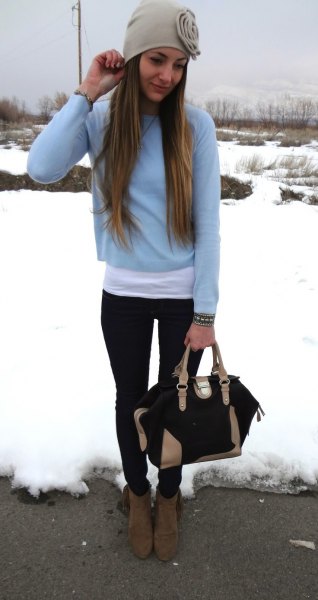 Light blue, cropped sweater with a long white t-shirt