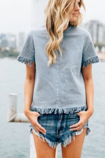 Light blue fringed top with matching denim shorts