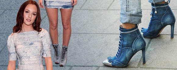 Light blue, half-sleeved, figure-hugging mini dress with jeans lace-up boots with ankle heels