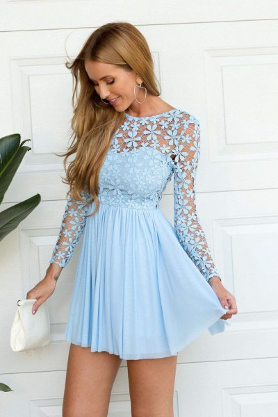 light blue long-sleeved fit and flared short pleated dress