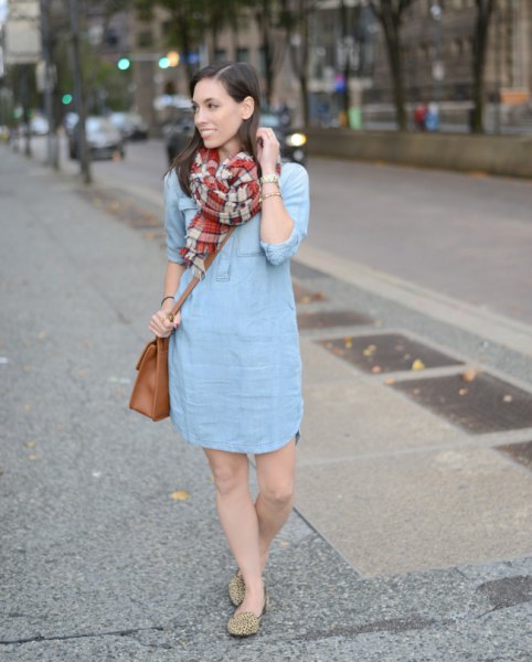 light blue mini shift dress with red and pink checked scarf
