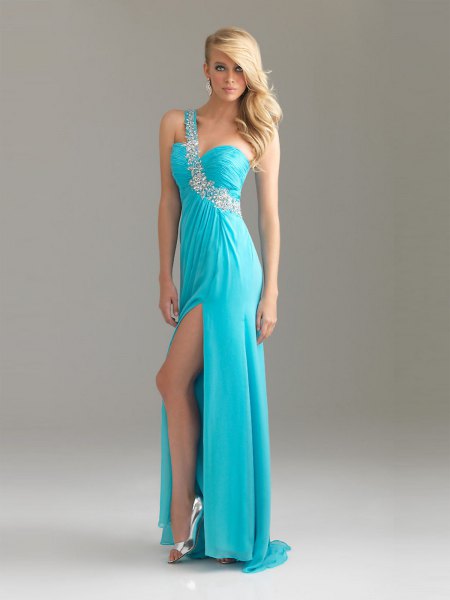 light blue maxi ball gown with a sweetheart neckline and a strap