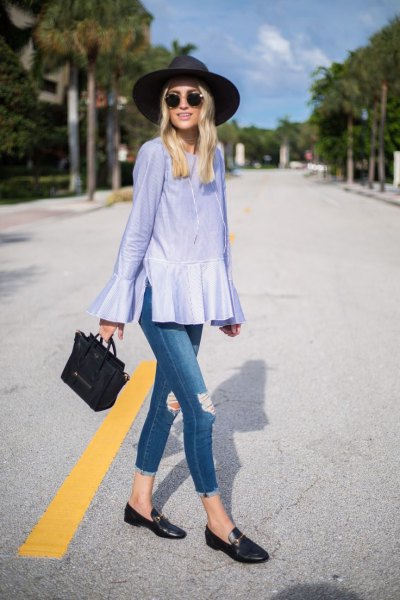 light blue peplum bell-sleeved blouse with black casual shoes