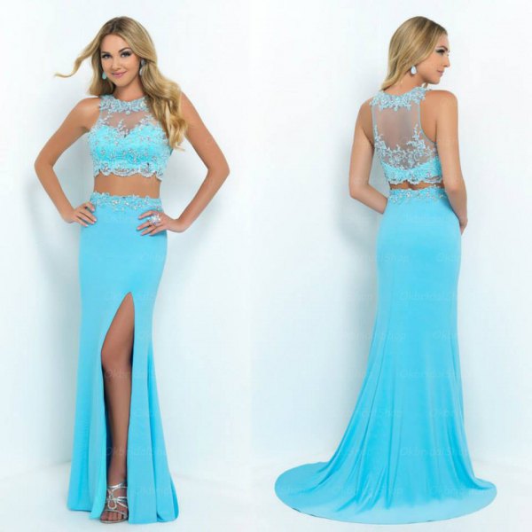 light blue two-piece floor-length flowing dress with a high slit
