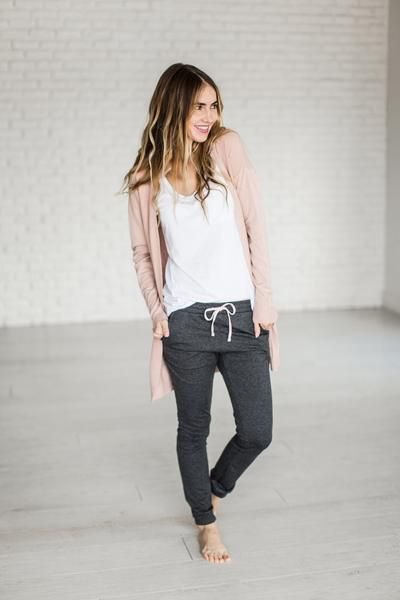 light brown cardigan with white tank top and gray jogger pants