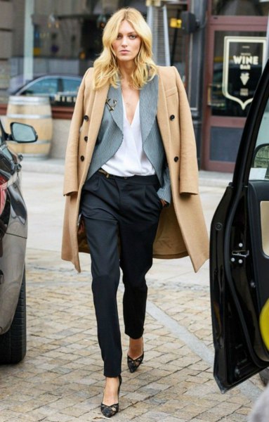 light camel long wool coat with black suit trousers