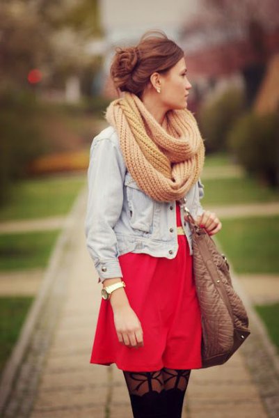 light green crochet scarf denim jacket red dress