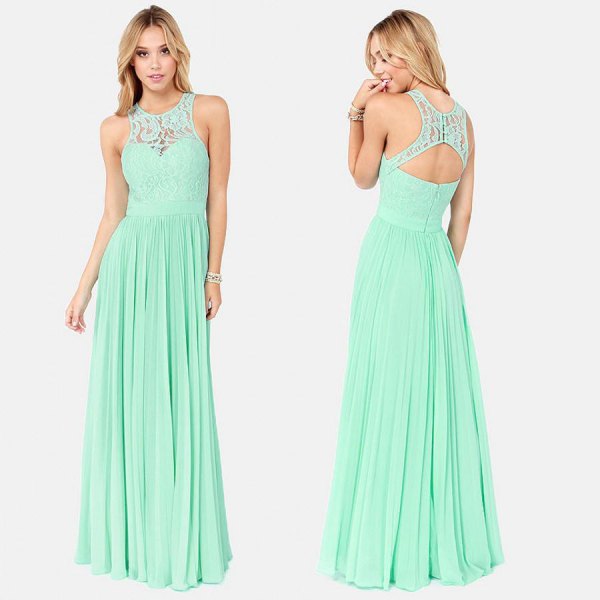 light green neckline at the back fit and flared bridesmaid dress