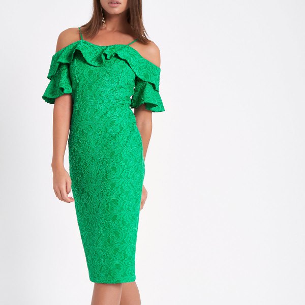 light green lace midi dress with frilled neckline