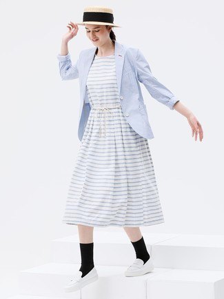 light gray and white striped midi dress with baby blue blazer