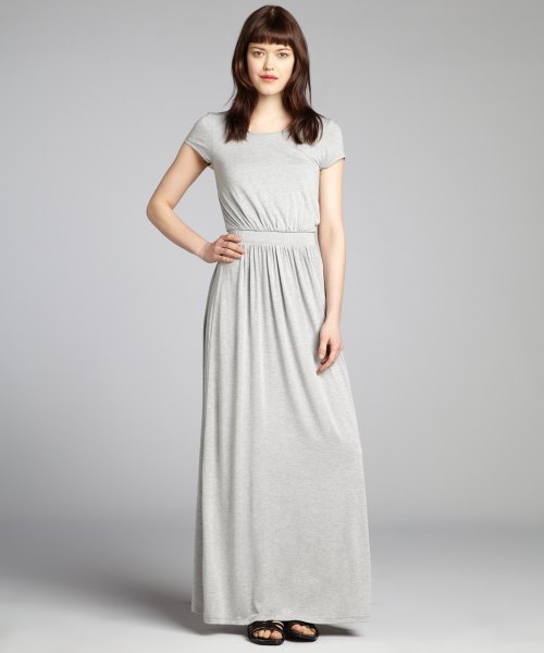 Light gray, ruched waist and flared knitted dress made of maxi jersey