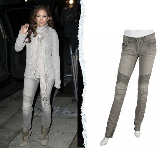 Light gray knitted sweater with silk scarf and biker slim fit jeans