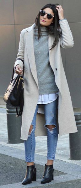 Light gray longline wool coat with a cashmere pullover with a waterfall neckline