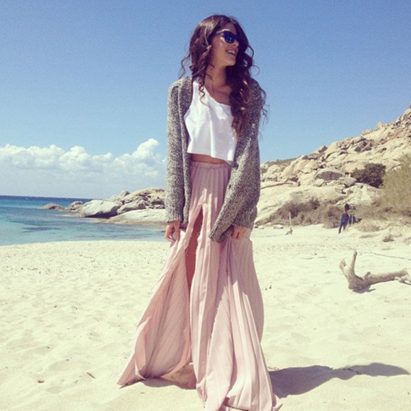Light gray pleated double slit maxi dress with white crop top and cardigan