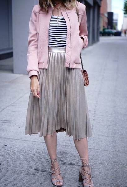 Light gray pleated skirt and matching bomber jacket