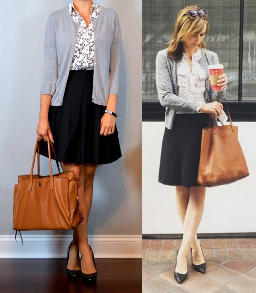 light gray short cardigan with white printed shirt and black, flared knee-length skirt