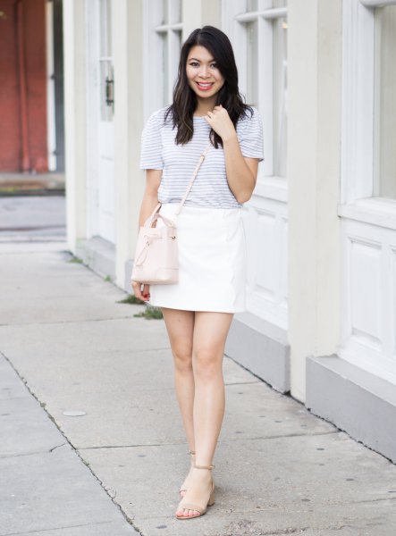 light gray striped t-shirt with white mini skirt