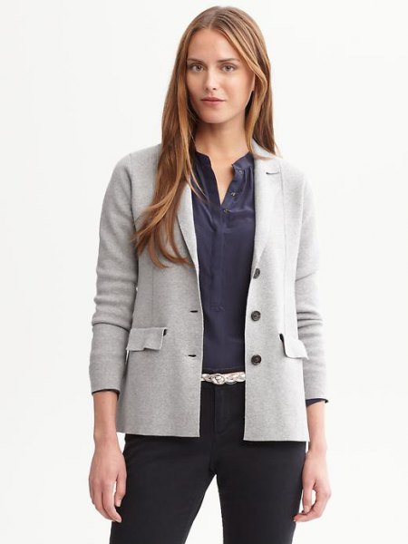 light gray pullover blazer with dark blue shirt without a collar