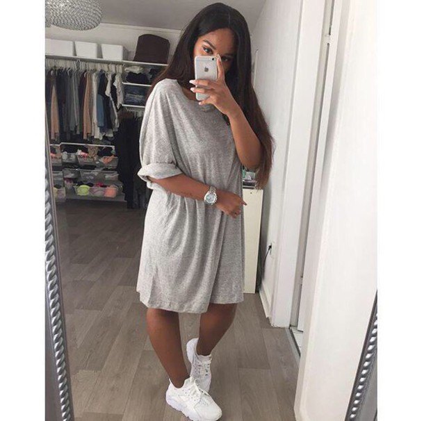 brightly mottled oversized t-shirt dress with white sneakers